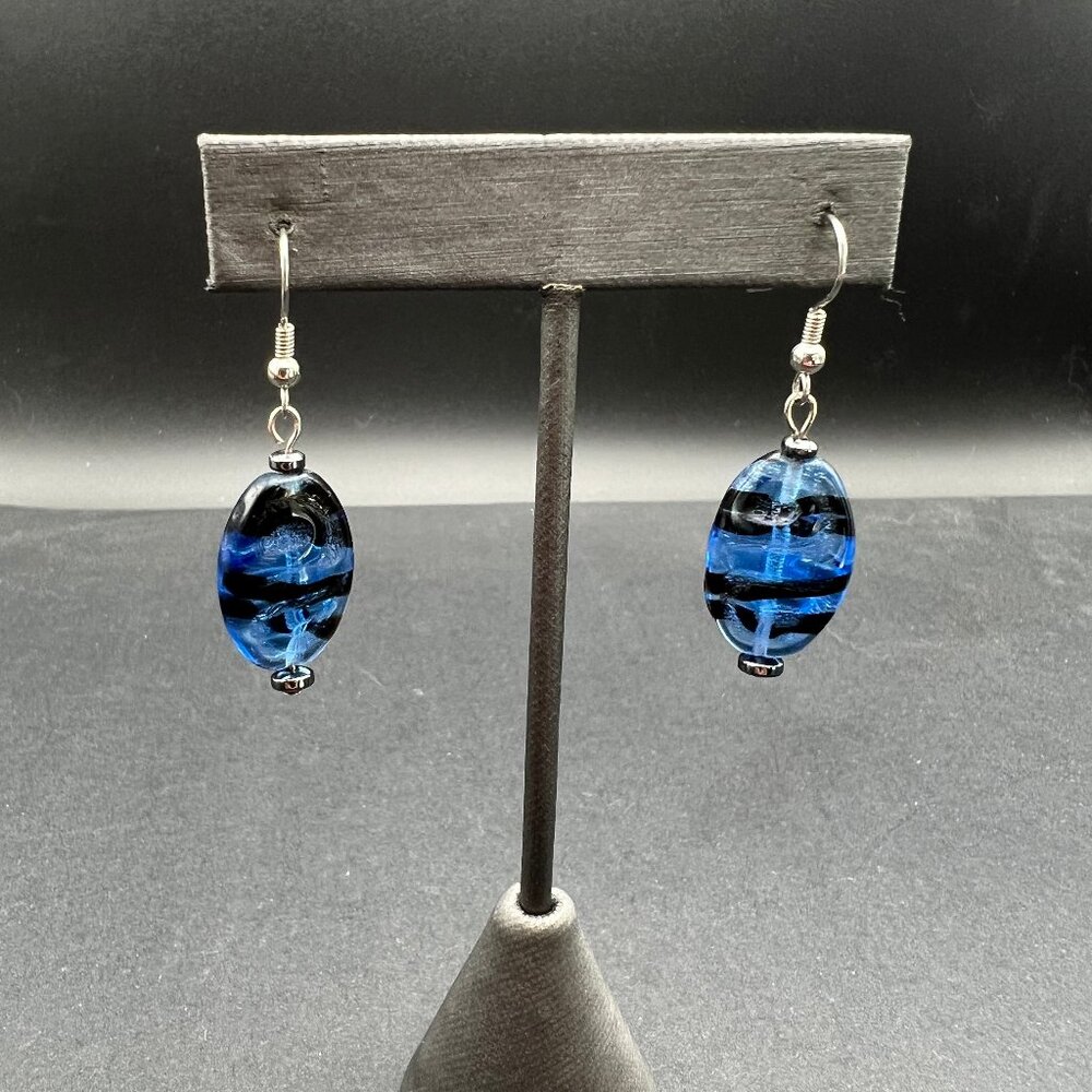 Glass Pierced Dangle Earrings Blue with Black Stripes Silver Tone Wire Drop